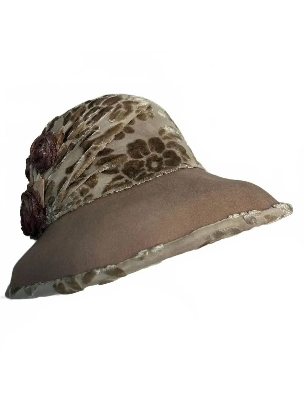 Vintage Julianne Walters LTD Floral Wide Brim Hat Beige Burnout Velvet Derby